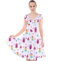 Popsicle Juice Watercolor With Fruit Berries And Cherries Summer Pattern Cap Sleeve Front Wrap Midi Dress by genx