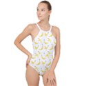 Yellow Banana and peels pattern with polygon retro style High Neck One Piece Swimsuit View1