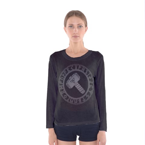 Thor Hammer With Runes Valhalla Tristella Viking Norse Mythology Mjolnir  Women s Long Sleeve Tee by snek