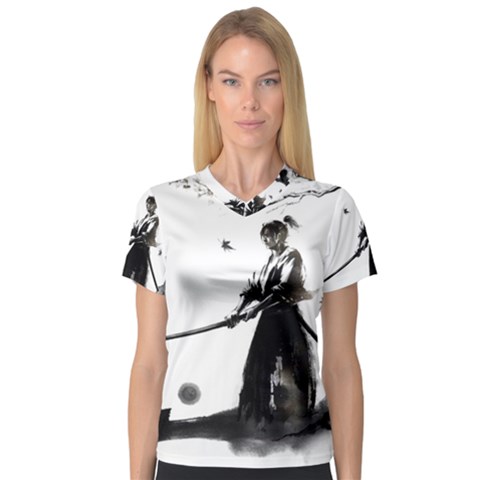 Japan Samurai Drawing   Warrior V-neck Sport Mesh Tee by Sudhe