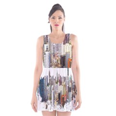 Hong Kong Skyline Watercolor Painting Poster Scoop Neck Skater Dress by Sudhe