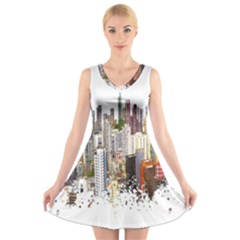 Hong Kong Skyline Watercolor Painting Poster V-neck Sleeveless Dress by Sudhe