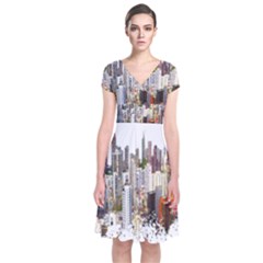 Hong Kong Skyline Watercolor Painting Poster Short Sleeve Front Wrap Dress by Sudhe