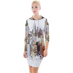 Hong Kong Skyline Watercolor Painting Poster Quarter Sleeve Hood Bodycon Dress by Sudhe