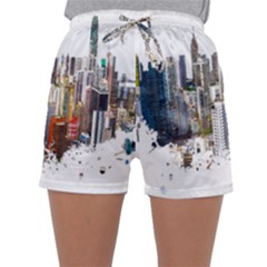 Hong Kong Skyline Watercolor Painting Poster Sleepwear Shorts by Sudhe