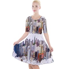 Hong Kong Skyline Watercolor Painting Poster Quarter Sleeve A-line Dress by Sudhe