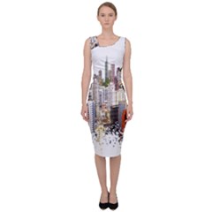 Hong Kong Skyline Watercolor Painting Poster Sleeveless Pencil Dress by Sudhe