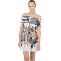 Hong Kong Skyline Watercolor Painting Poster Off Shoulder Chiffon Dress by Sudhe