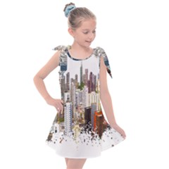 Hong Kong Skyline Watercolor Painting Poster Kids  Tie Up Tunic Dress by Sudhe