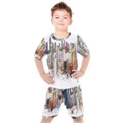 Hong Kong Skyline Watercolor Painting Poster Kids  Tee And Shorts Set by Sudhe