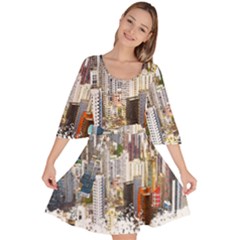 Hong Kong Skyline Watercolor Painting Poster Velour Kimono Dress by Sudhe