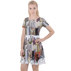 Hong Kong Skyline Watercolor Painting Poster Cap Sleeve Velour Dress  by Sudhe