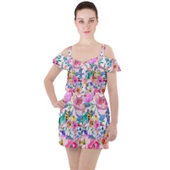 Lovely Pinky Floral Ruffle Cut Out Chiffon Playsuit by wowclothings