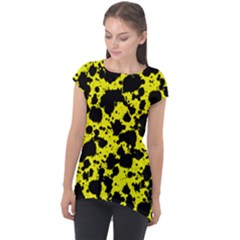 Black And Yellow Leopard Style Paint Splash Funny Pattern  Cap Sleeve High Low Top