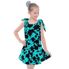 Bright Turquoise And Black Leopard Style Paint Splash Funny Pattern Kids  Tie Up Tunic Dress