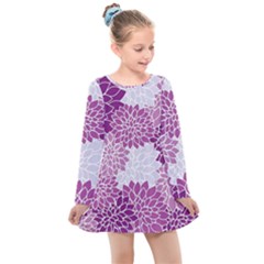 Purple Dahlias Design Kids  Long Sleeve Dress by WensdaiAmbrose