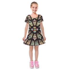 Church Window Rosette Glass Window Kids  Short Sleeve Velvet Dress