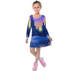 Illustration Vector Winter Sunset Kids  Long Sleeve Velvet Dress