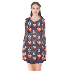 Love Heart Background Valentine Long Sleeve V-neck Flare Dress