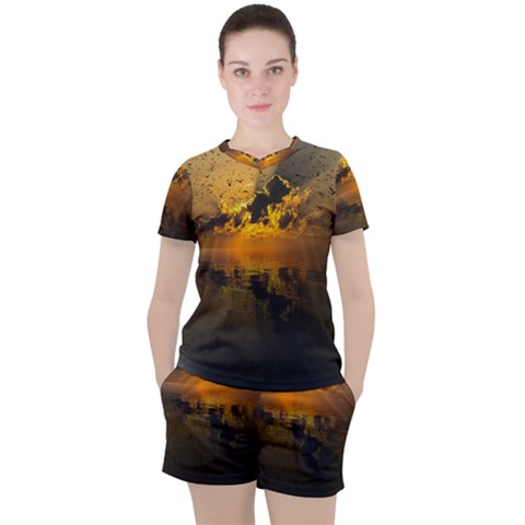 Sunset Reflection Birds Clouds Sky Women s Tee And Shorts Set by HermanTelo