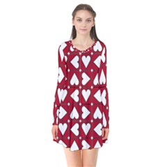 Graphic Heart Pattern Red White Long Sleeve V-neck Flare Dress