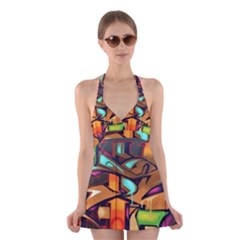 Graffiti Mural Street Art Wall Art Halter Dress Swimsuit  by Pakrebo