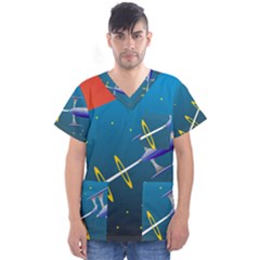 Rocket Spaceship Space Galaxy Men s V-neck Scrub Top