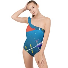 Rocket Spaceship Space Galaxy Frilly One Shoulder Swimsuit by HermanTelo