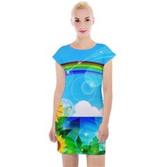 Sunflower And Rainbow Ocean Bokeh Cap Sleeve Bodycon Dress