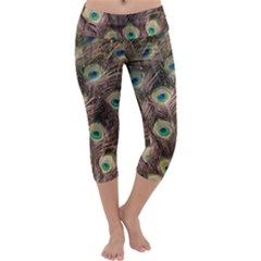 Bird Peacock Tail Feathers Capri Yoga Leggings by Pakrebo