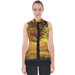 Nature Sunset Landscape Sun Mock Neck Shell Top by Pakrebo