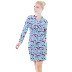 Flemish Rosa Birds Nature Fauna Flamenco Button Long Sleeve Dress by HermanTelo