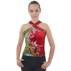 Abstract Stain Red Seamless Cross Neck Velour Top by HermanTelo