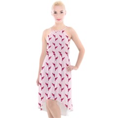 Pink Parrot Pattern High-low Halter Chiffon Dress 