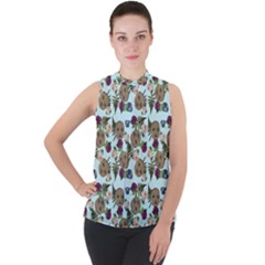 Cracked Doll Pattern Blue Mock Neck Chiffon Sleeveless Top