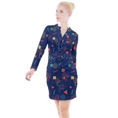 Background Geometric Button Long Sleeve Dress