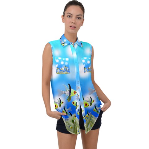 Fish Underwater Sea World Sleeveless Chiffon Button Shirt by HermanTelo