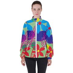 Pattern Leaf Polka Floral Women s High Neck Windbreaker