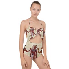 Egyptian Design Man Woman Priest Scallop Top Cut Out Swimsuit by Sapixe