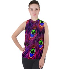 Peacock Feathers Color Plumage Mock Neck Chiffon Sleeveless Top by HermanTelo