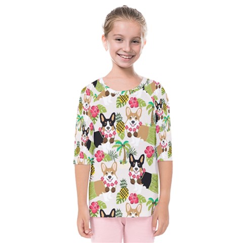 Corgis Hula Pattern Kids  Quarter Sleeve Raglan Tee by Sapixe