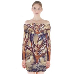 Tree Forest Woods Nature Landscape Long Sleeve Off Shoulder Dress by Sapixe