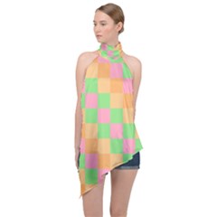 Checkerboard Pastel Squares Halter Asymmetric Satin Top by Sapixe