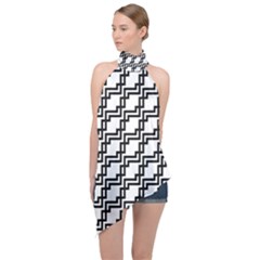 Pattern Monochrome Repeat Halter Asymmetric Satin Top by Sapixe