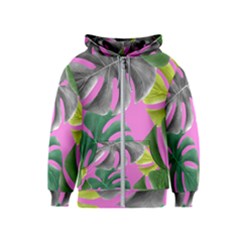 Tropical Greens Pink Leaf Kids  Zipper Hoodie