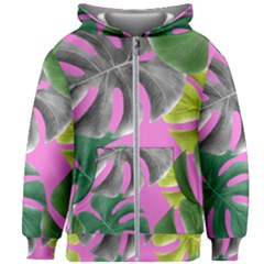 Tropical Greens Pink Leaf Kids  Zipper Hoodie Without Drawstring by HermanTelo