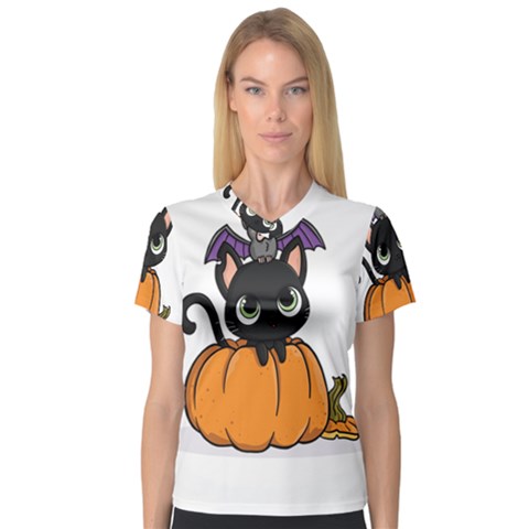 Halloween Cute Cat V-neck Sport Mesh Tee by Bajindul