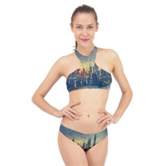 City Metro Pole Buildings High Neck Bikini Set by Pakrebo