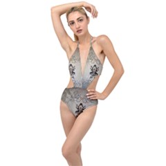 Wonderful Elegant Frog With Flowers Plunging Cut Out Swimsuit