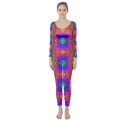 Groovy Purple Green Pink Square Pattern Long Sleeve Catsuit by BrightVibesDesign